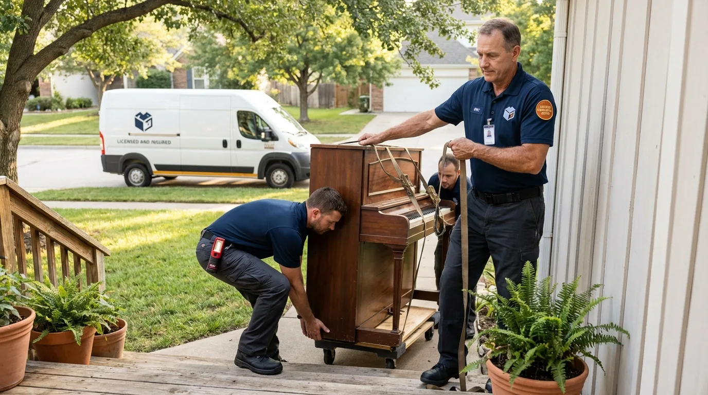 Licensed piano movers securing grand piano in Colonial Beach, VA